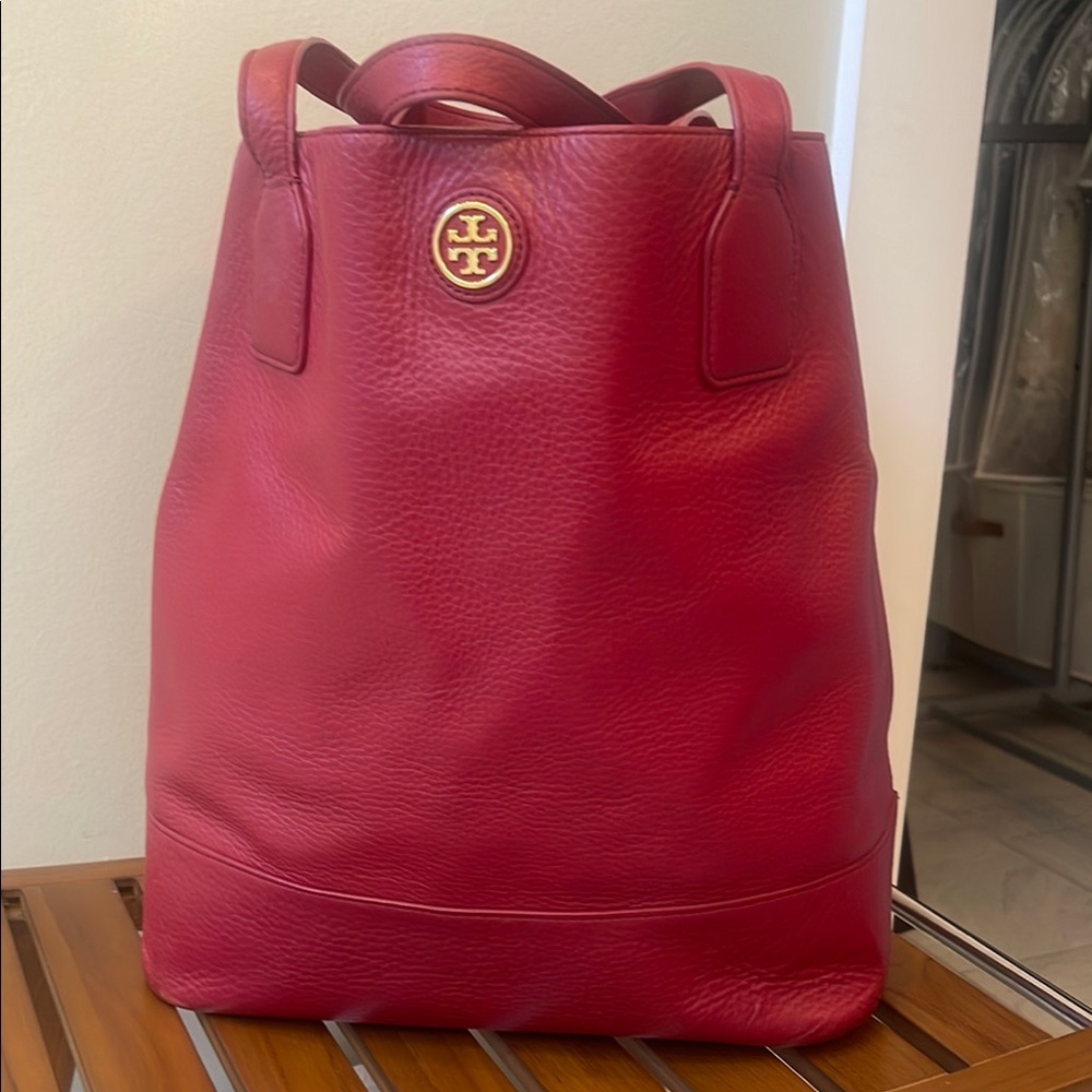 Tory Burch Red Leather Tote with Gold Emblem